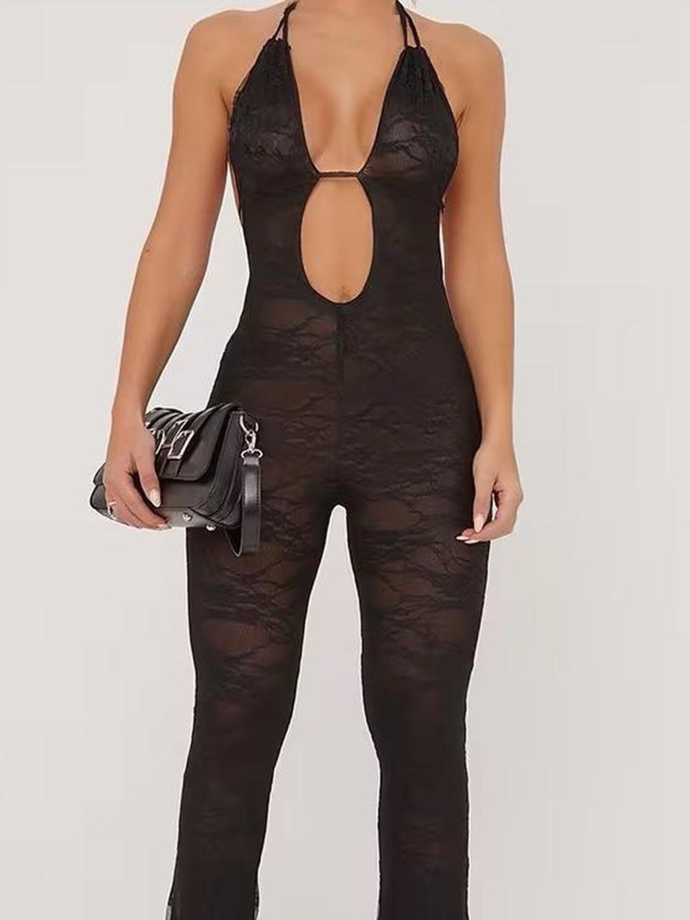 EGO Black Sheer Lace Halter Cutout Jumpsuit